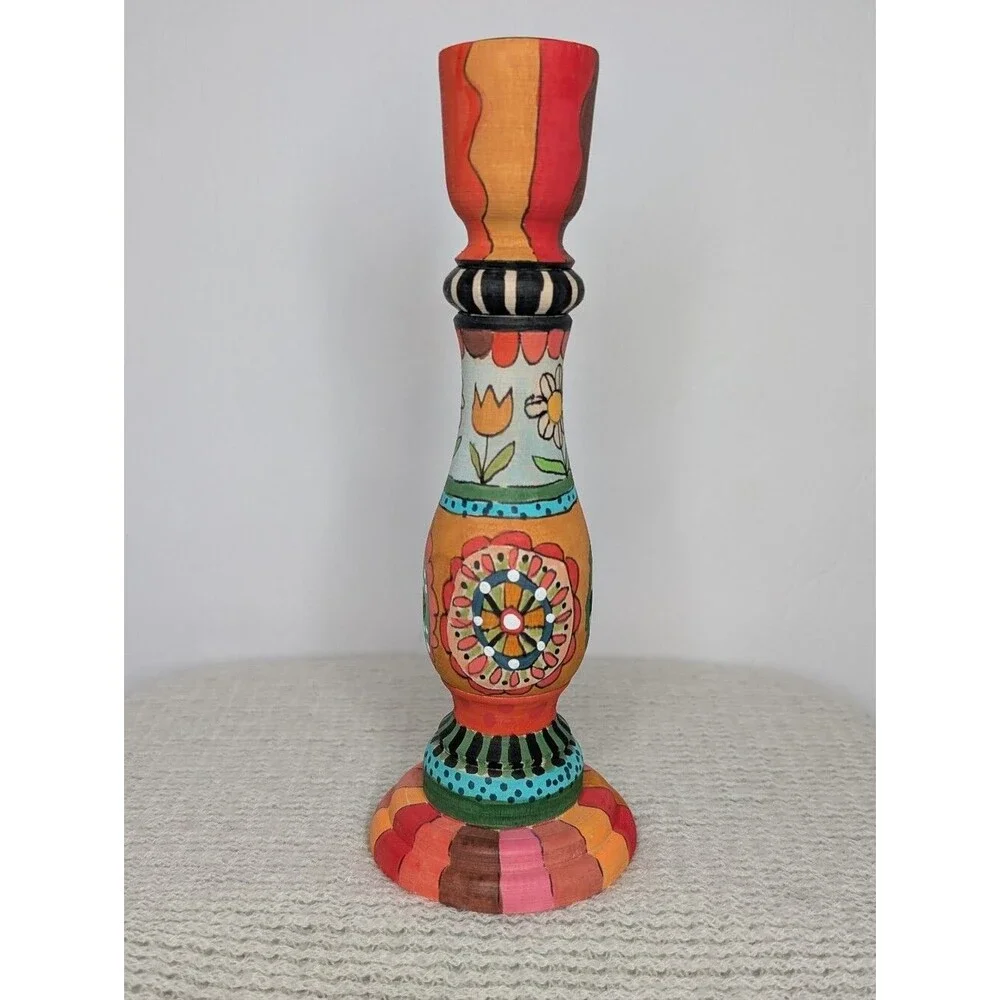 Hand-Painted Colorful Floral Wooden Candlestick